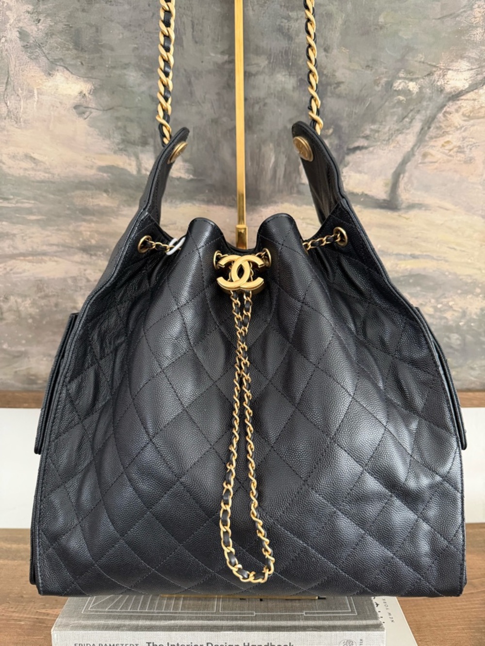 Chanel Black Quilted Drawstring Shoulder Bag with Gold Chain